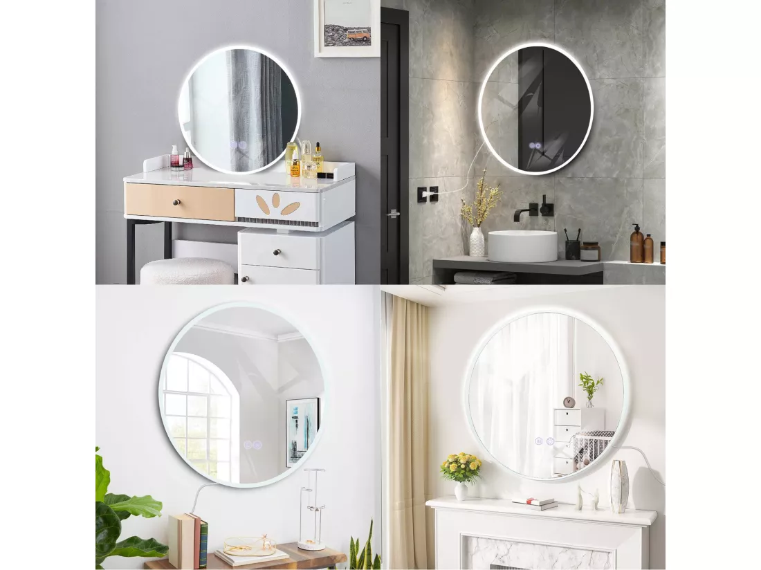 NETTLIFE Miroir avec éclairage rond Miroir mural LED IP44 50 cm avec fonction miroir tactile éclairé rond avec lumière dimmable