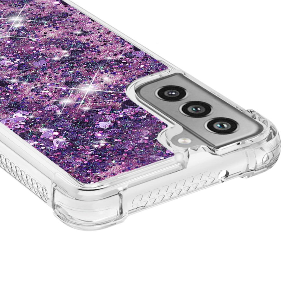 Samsung Galaxy S21 FE 5G Hardcase Hülle mit Air Cushion Fallschutz Liquid Case Glitzer Herzen - Lila / Transparent