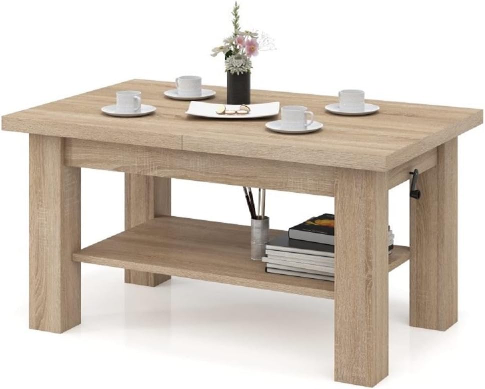 All4All Couchtisch Astra - Kaffeetisch - Wohnzimmertisch – Sofatisch mit Ablage - höhenverstellbar - kompakte Größe - Sofatisch - 110x68cm - 05 - Sonoma Eiche