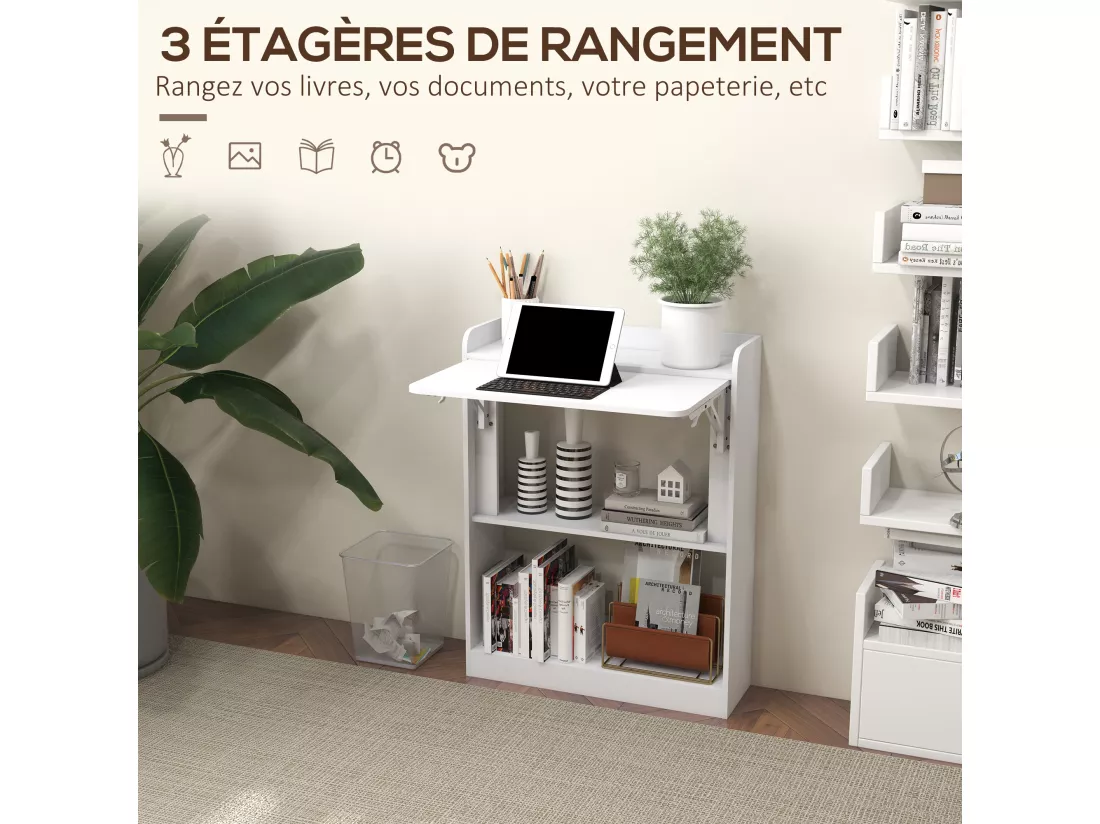 Bureau mural pliable d'appoint table murale rabattable suspendue avec bibliothèque 3 étagères panneaux blanc
