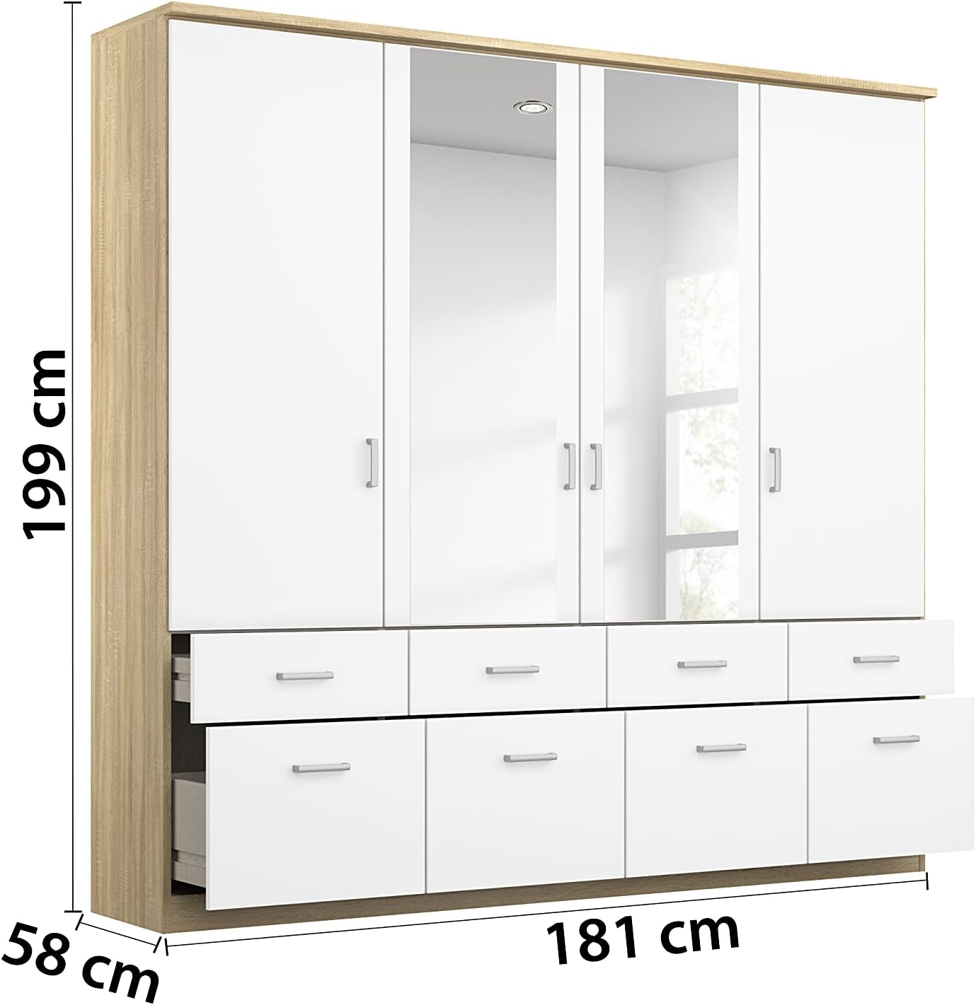 Rauch Möbel Bremen Schrank Drehtürenschrank Kleiderschrank Weiß-Eiche Sonoma, Holz, Spiegel und 8 Schubladen 4-türig, inkl. Zubehörpaket Basic 1 Kleiderstange, 4 Einlegeböden BxHxT 181x199x58 cm