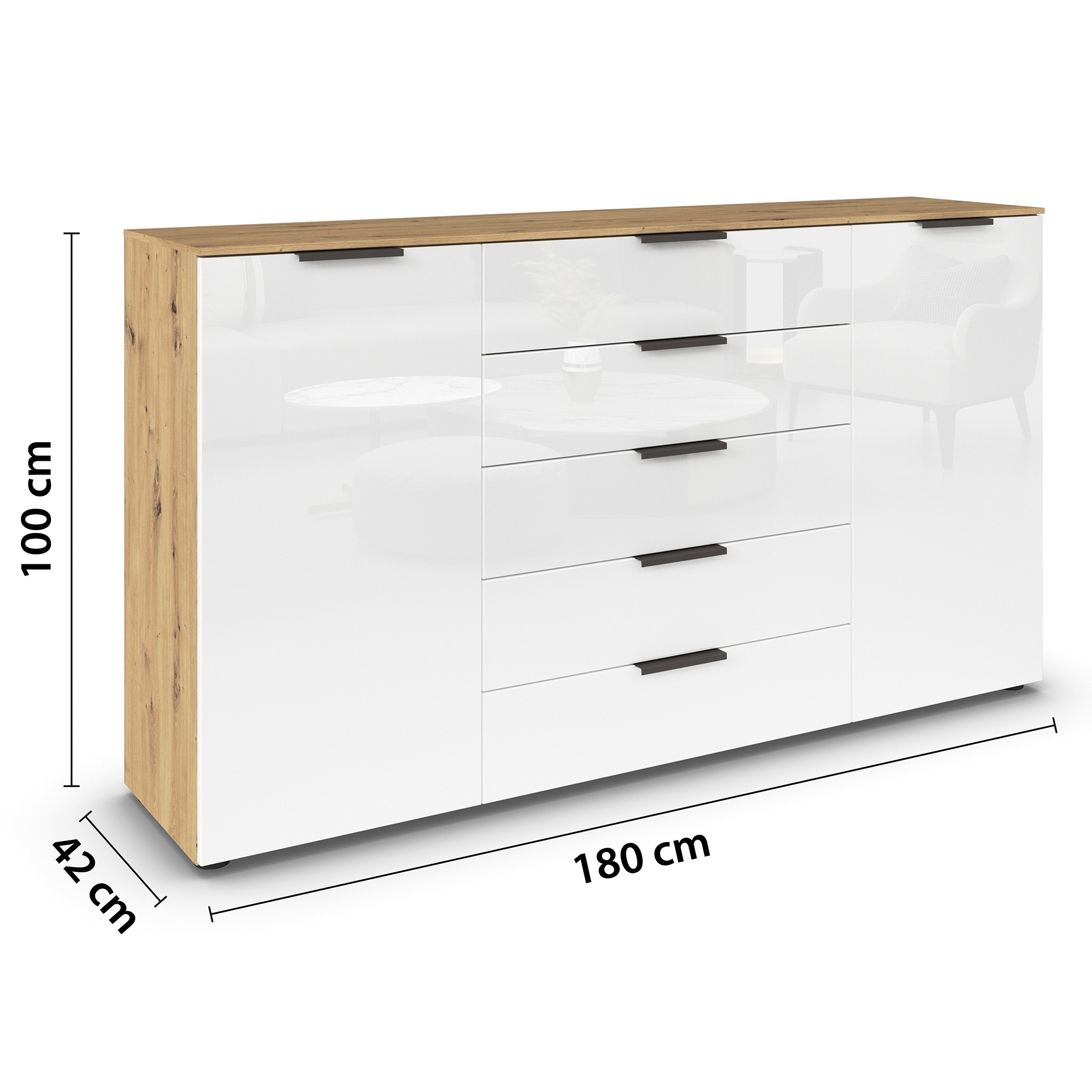 Kommode - Artisan Eiche-Kristallweißglas - Graphitgriffe - 180 cm