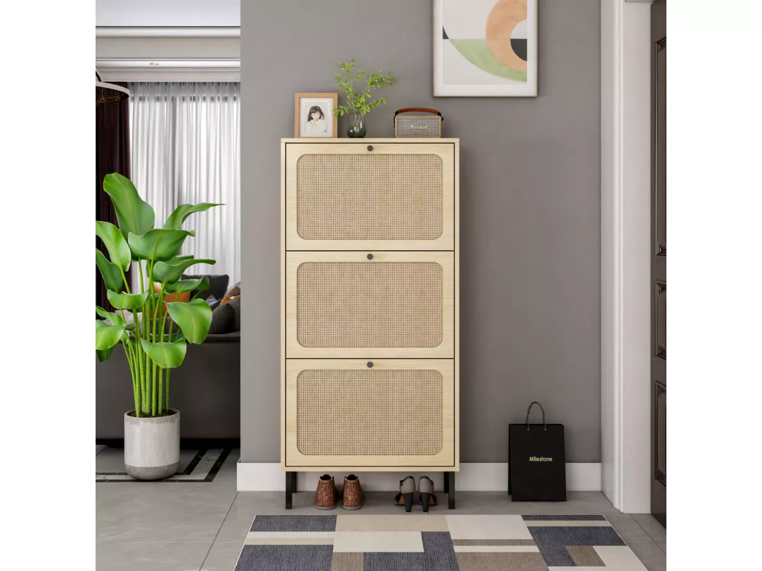 Meuble à chaussures avec 3 Porte en rotin métallique fabriqués avec des fers à repasser et MDF 60x23.5x104.5cm Naturel
