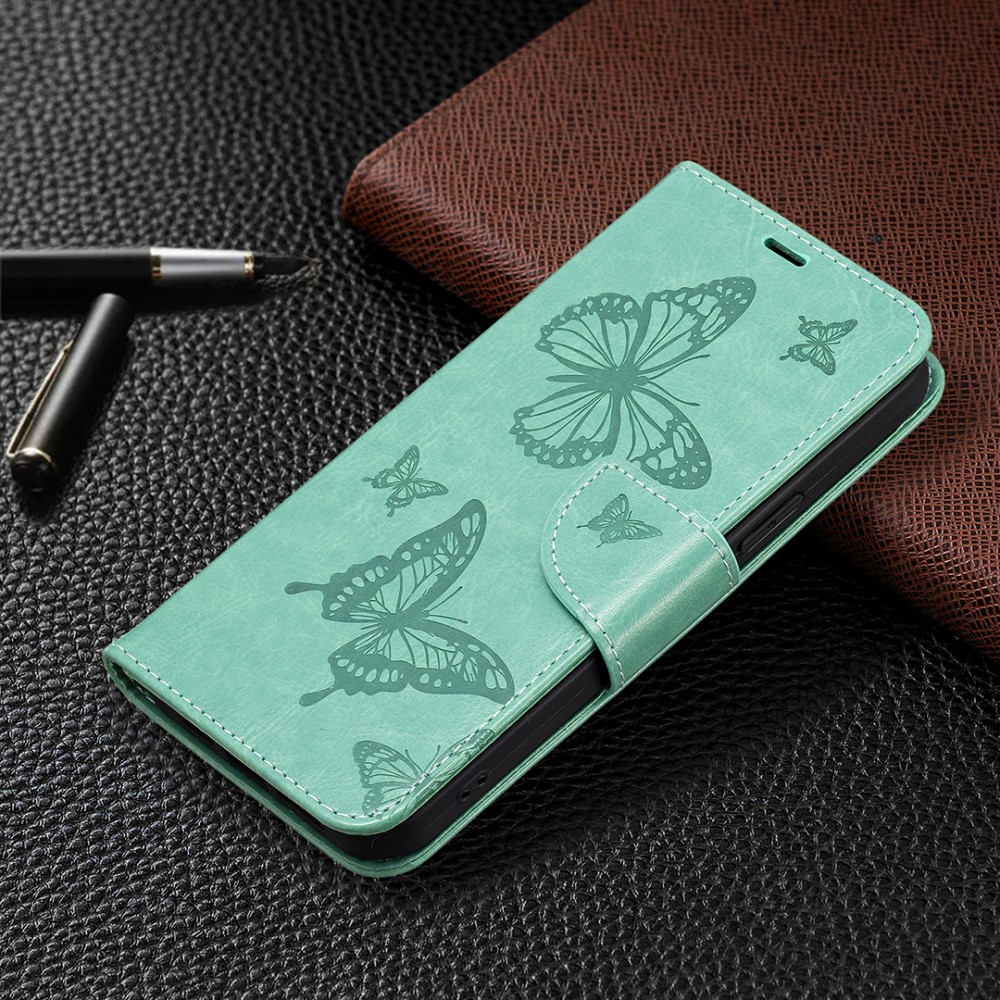 iPhone 13 Pro Leder Tasche mit Kartenfach   Handschlaufe Schmetterling - Türkis