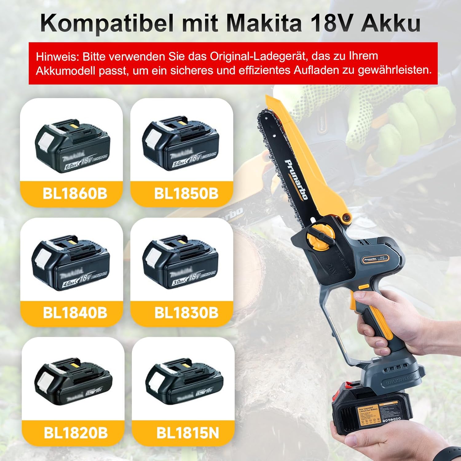 Akku-Kettensäge Elektrisch 8-Zoll 2x 4.0Ah, Kabellos & 900W Brushless - Perfekt für Gartenschnitt, Holzbearbeitung & Heimwerken (PR-E8)