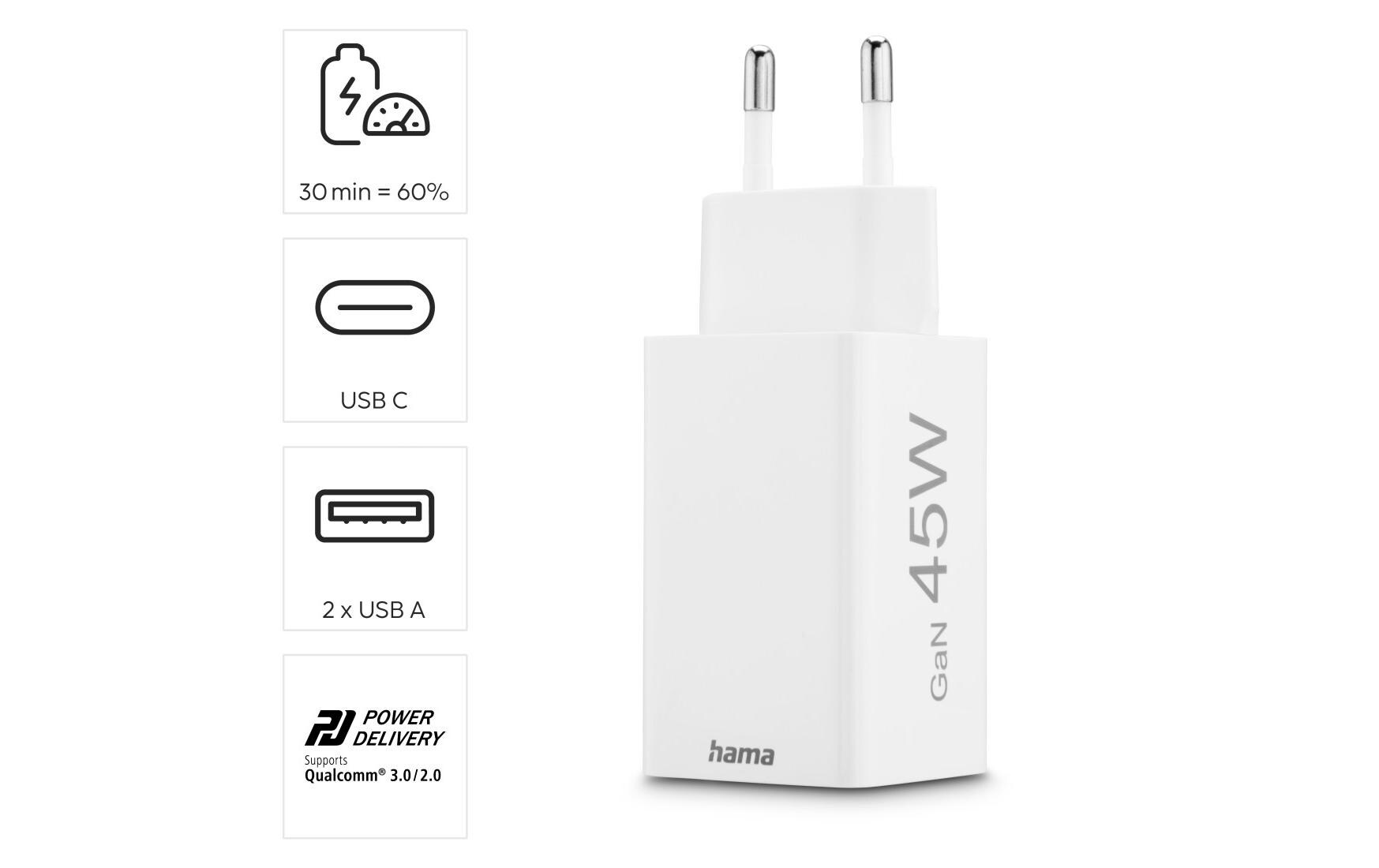 USB-Wandladegerät Gan charger 2x USB-A USB-C 45 W WeissSchnellladegerät mit 1x USB-C und 2x USB-A