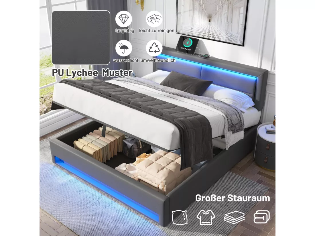 Lit coffre rembourré 160x200cm, avec LED et Port de charge USB/Type-C, charge sans fil, sommier à lattes, Gris