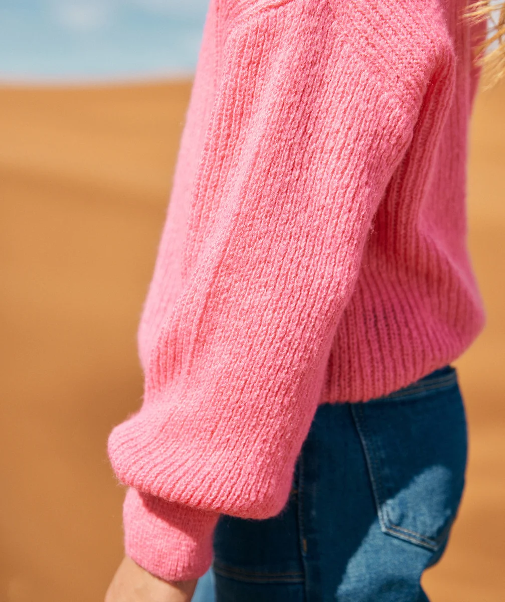 PULL LARGE FILLE EN TRICOT ROSE À MANCHES LONGUES