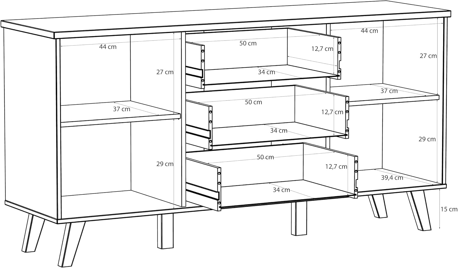 Forte VANKKA Kommode 150, Moderne Kommode mit 3 Schubladen und 2 Türen, Holzwerkstoff, Planked EicheDekor/Weiß, 149,4 cm breit, 76,7 cm hoch, 42 cm tief