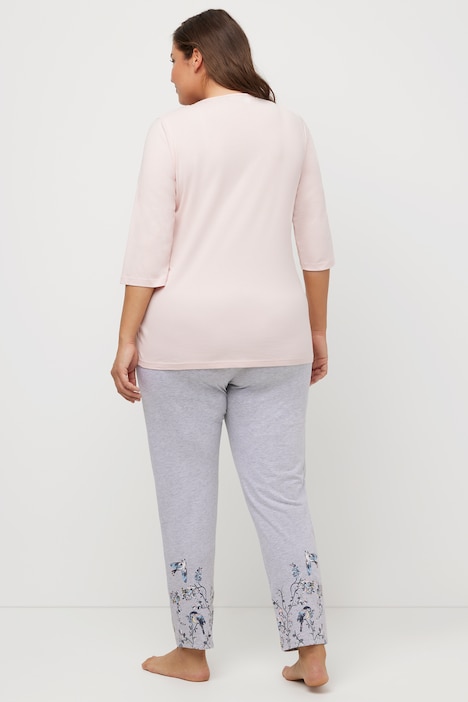 Pyjama, Vögel, Ziersteine, Rundhals, 3/4-Arm
