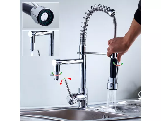 Mitigeur de Cuisine Chromé, Douchette Extractible à Deux Jets Robinet Cuisine Bec Haut Flexible Robinet d'évier en Laitone,Eau Froide/Chaude