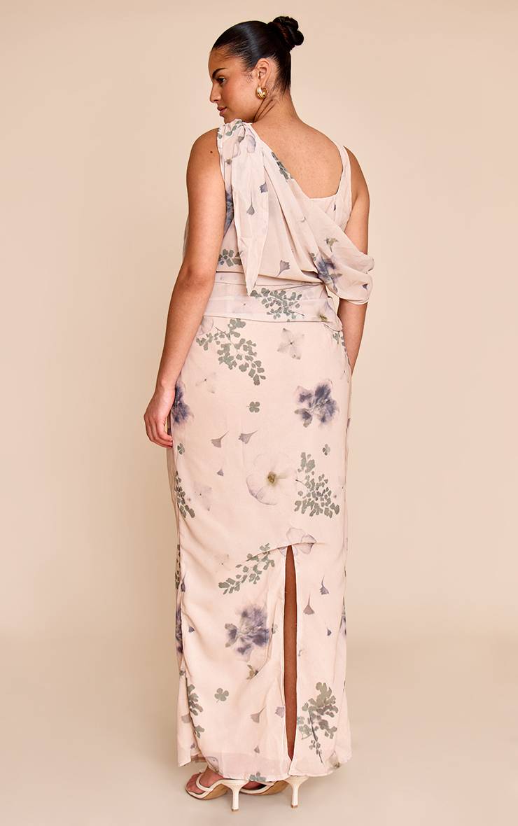 Sable Robe Maxi Drapée En Mousseline Imprimée Abstraite Grande Taille