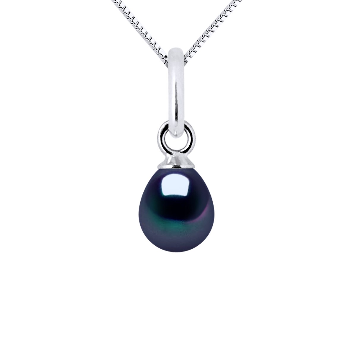 Pendentif Perle d'Eau Douce Poire 5-6 mm Noire Or Blanc 18 Carats Livré avec Chaîne