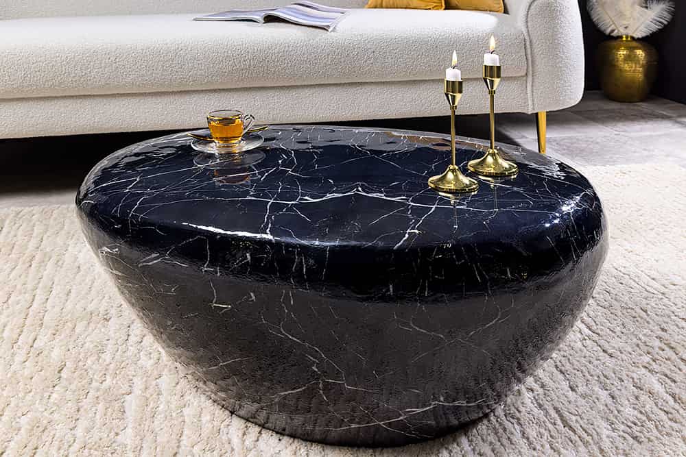 Handgefertigter Couchtisch STONE 75cm schwarz Marmor-Design Metall