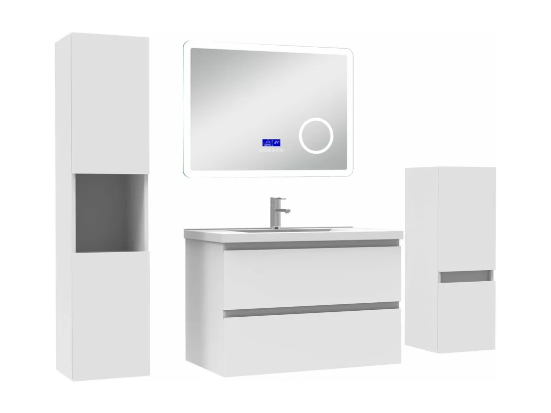 AICA Ensemble meuble Salle de Bain 80cm blanc avec 2 colonnes, simple vasque et Led miroir dimmable avec 3 couleurs, Bluetooth et 3X grossissement.