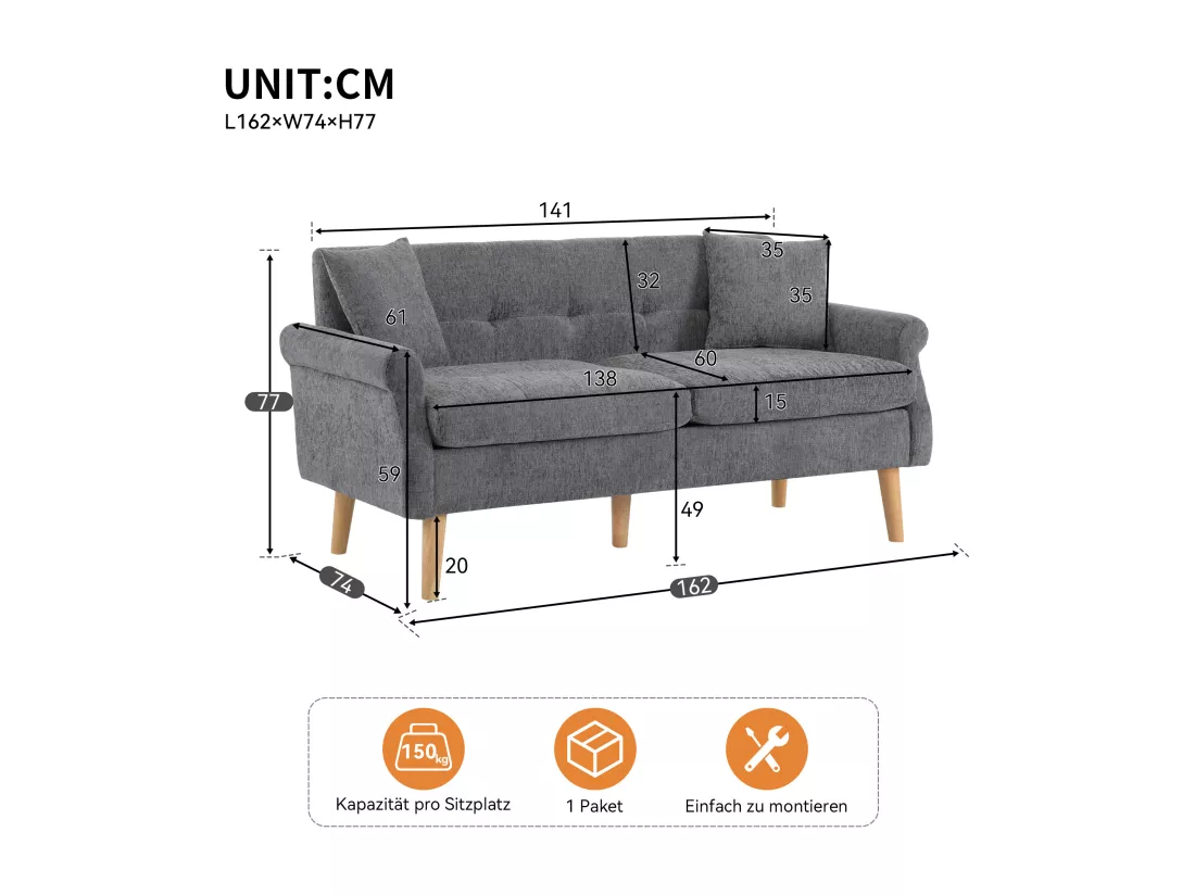 Haobosic - Canapé Moderne en Tissu Chenille, 2 Places, Design Ergonomique avec Accoudoirs Élégants, Pieds en Bois Massif, Confort Extra