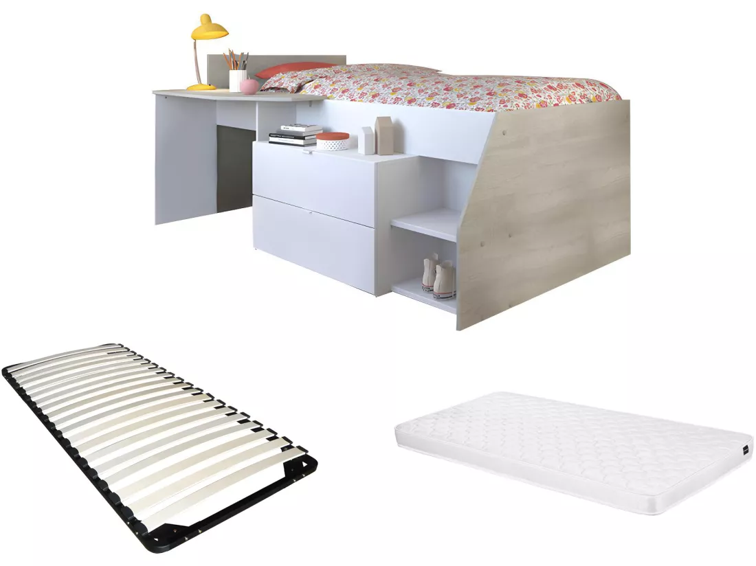 Lit avec bureau et rangements - 90 x 190/200 cm - Blanc et naturel + Sommier + Matelas - GISELE