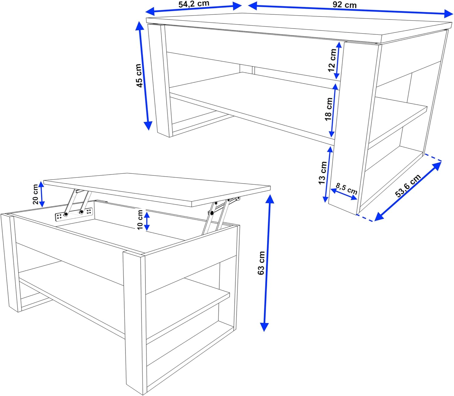 Couchtisch mit anhebbarer Platte | Höhenverstellbarer Wohnzimmertisch mit Stauraum | Sofatisch Weiß Schwarz modern mit Ablage & verstecktem Fach – Coffee Table für Wohnzimmer & Büro