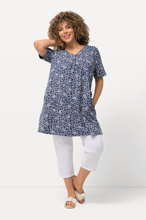 Longshirt, Zierfalten, A-Linie, V-Ausschnitt, Halbarm