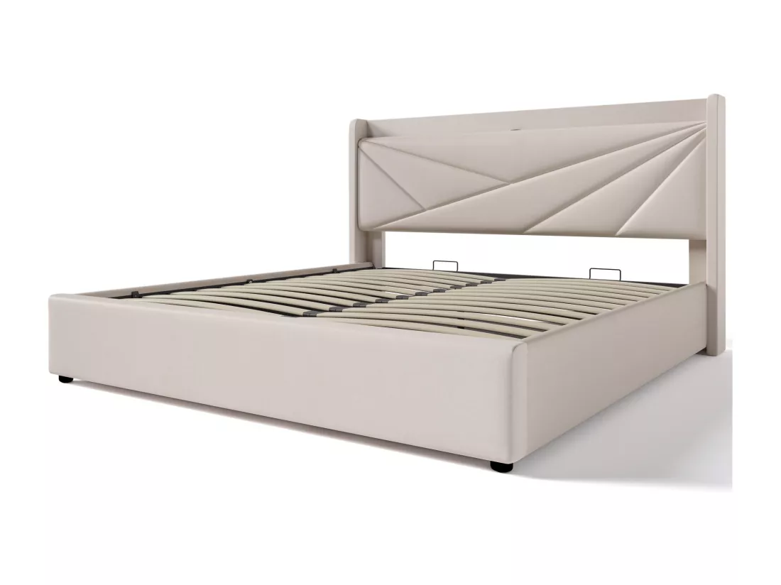 Lit coffre 160 x 200 cm - USB + type C - tissu en lin - beige