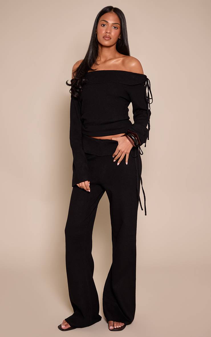 Noir Pantalon Large En Maille Taille Haute Avec Taille Repliable Et Liens Latéraux