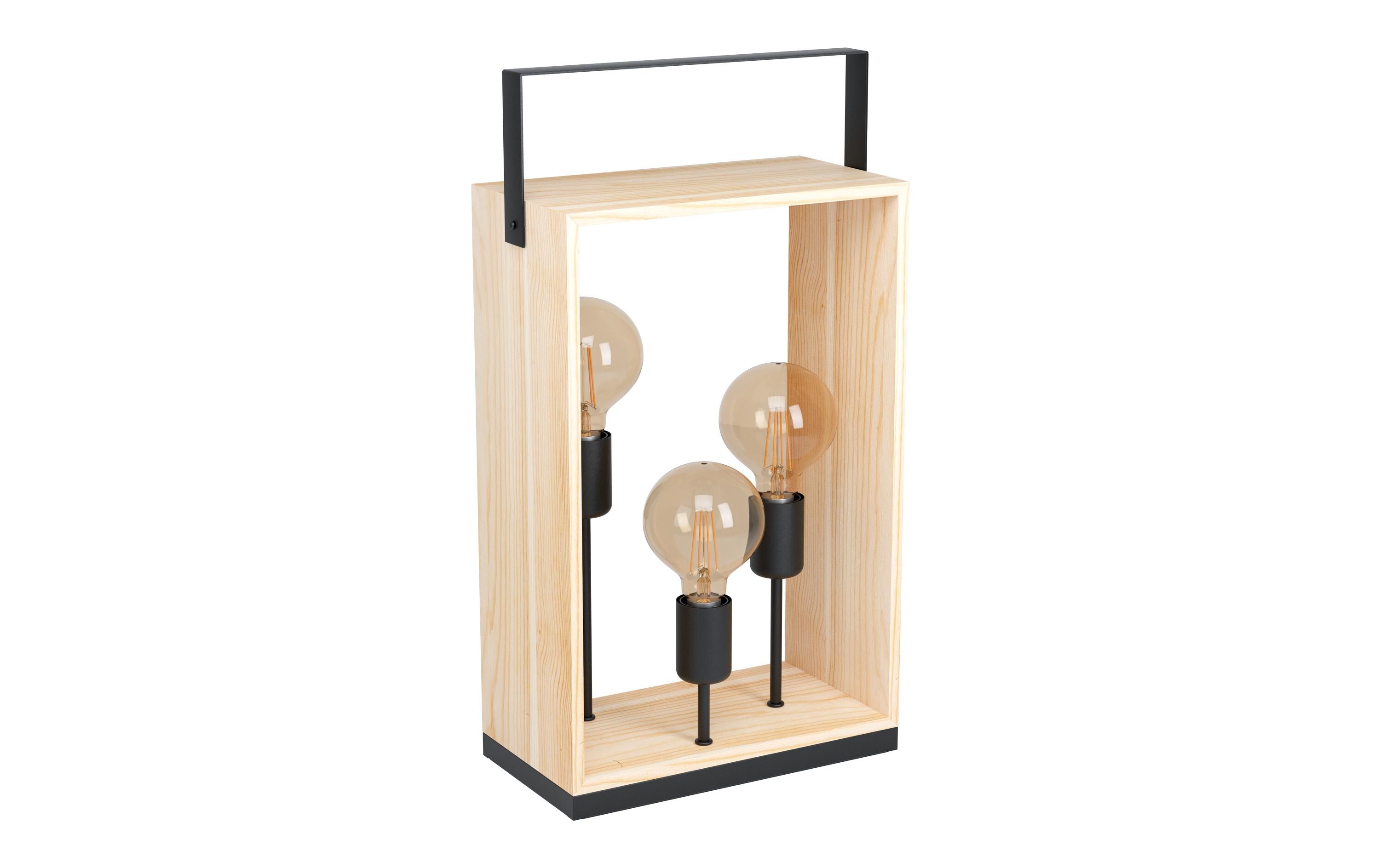 Tischleuchte FAMBOROUGH 3x E27, Schwarz/BeigeLeuchte mit Holzrahmen für Filament-Leuchtmittel