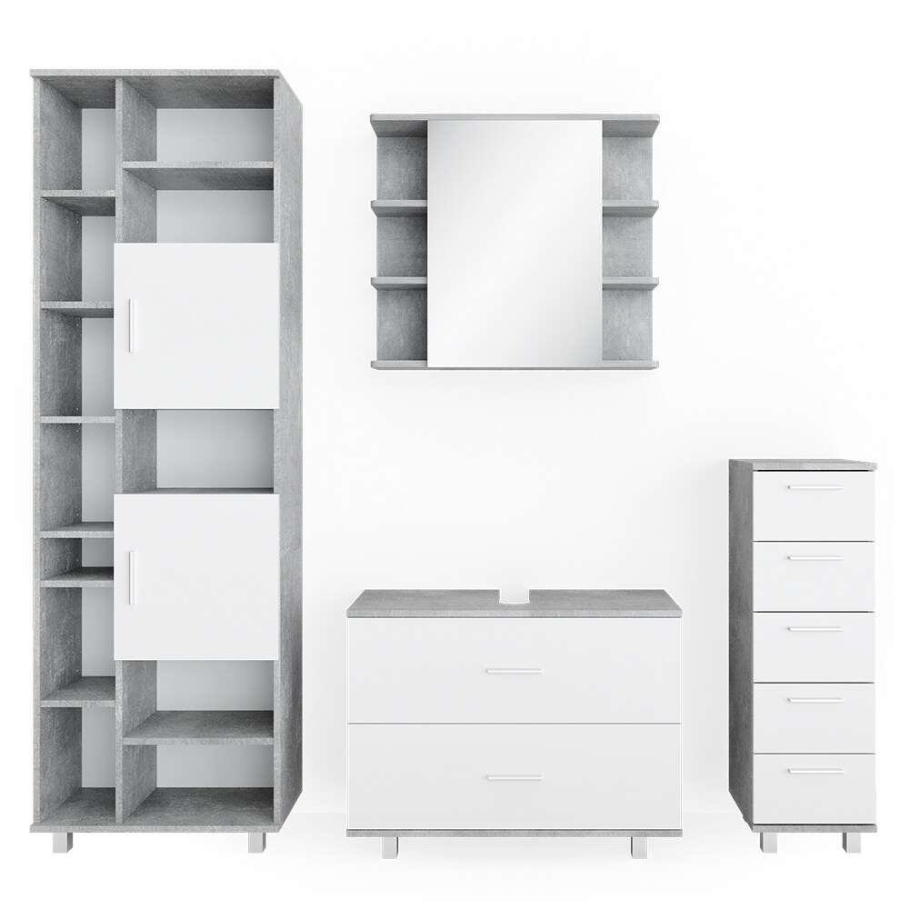 VICCO Badmöbel Set ILIAS Weiß Beton Spiegel Kommode Unterschrank Badschrank
