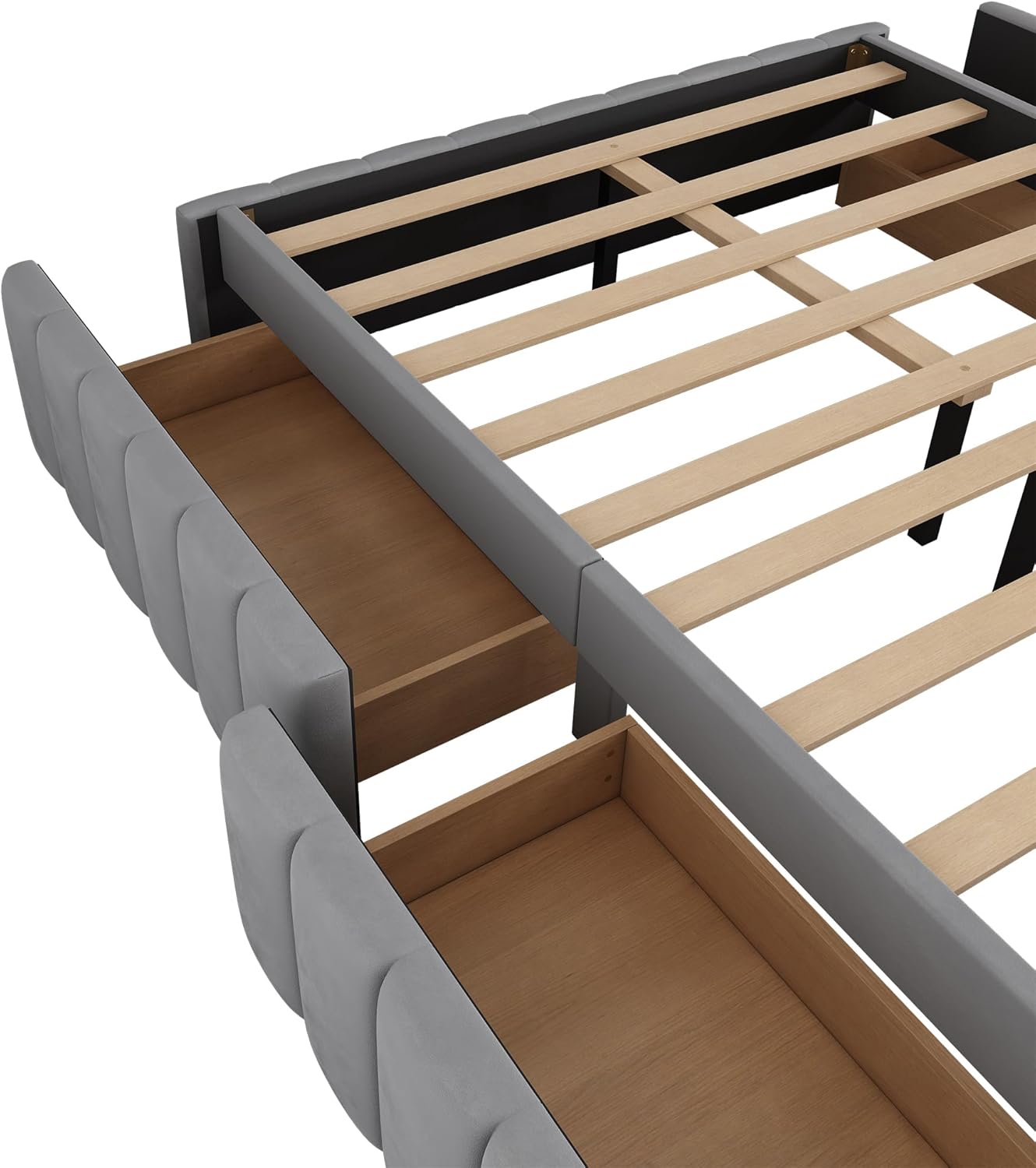 Futonbett mit Lattenrost und Schubladen, Doppelbett ohne Kopfteil, Jugendbett, Bezug aus Samt (grau, 140x200 cm)