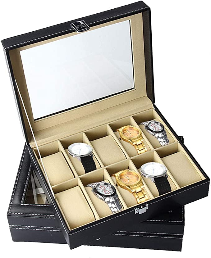 (10 Slots) Uhrenbox Schmuckschatulle Organizer mit Glasdeckel - Schwarz
