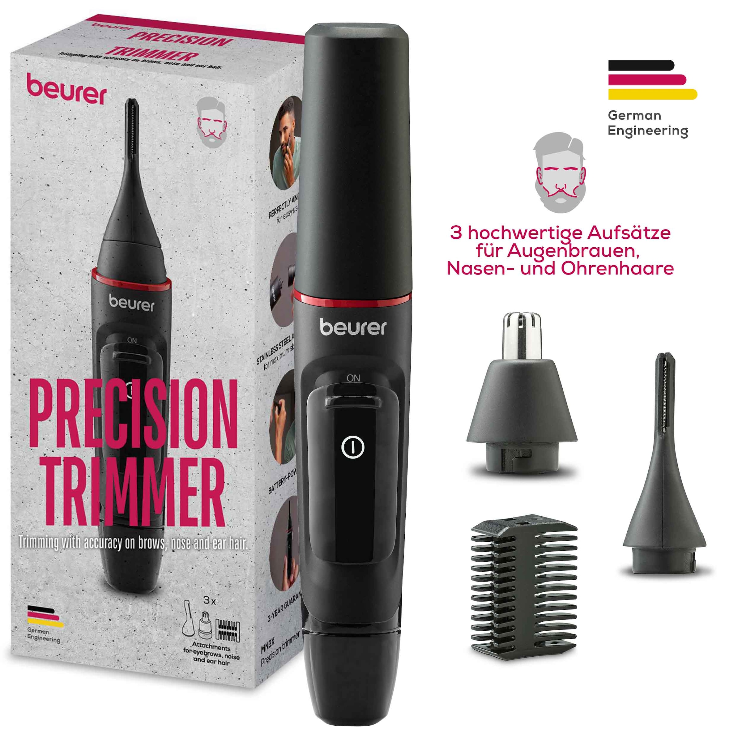 BEURER Nasen- und Ohrhaartrimmer »MN3X, Präzisionstrimmer für Augenbrauen, Nasen- sowie Ohrhaare« 3 Aufsätze Mit 2 Aufsätzen und extra Kammaufsatz mit 3 und 6 mm