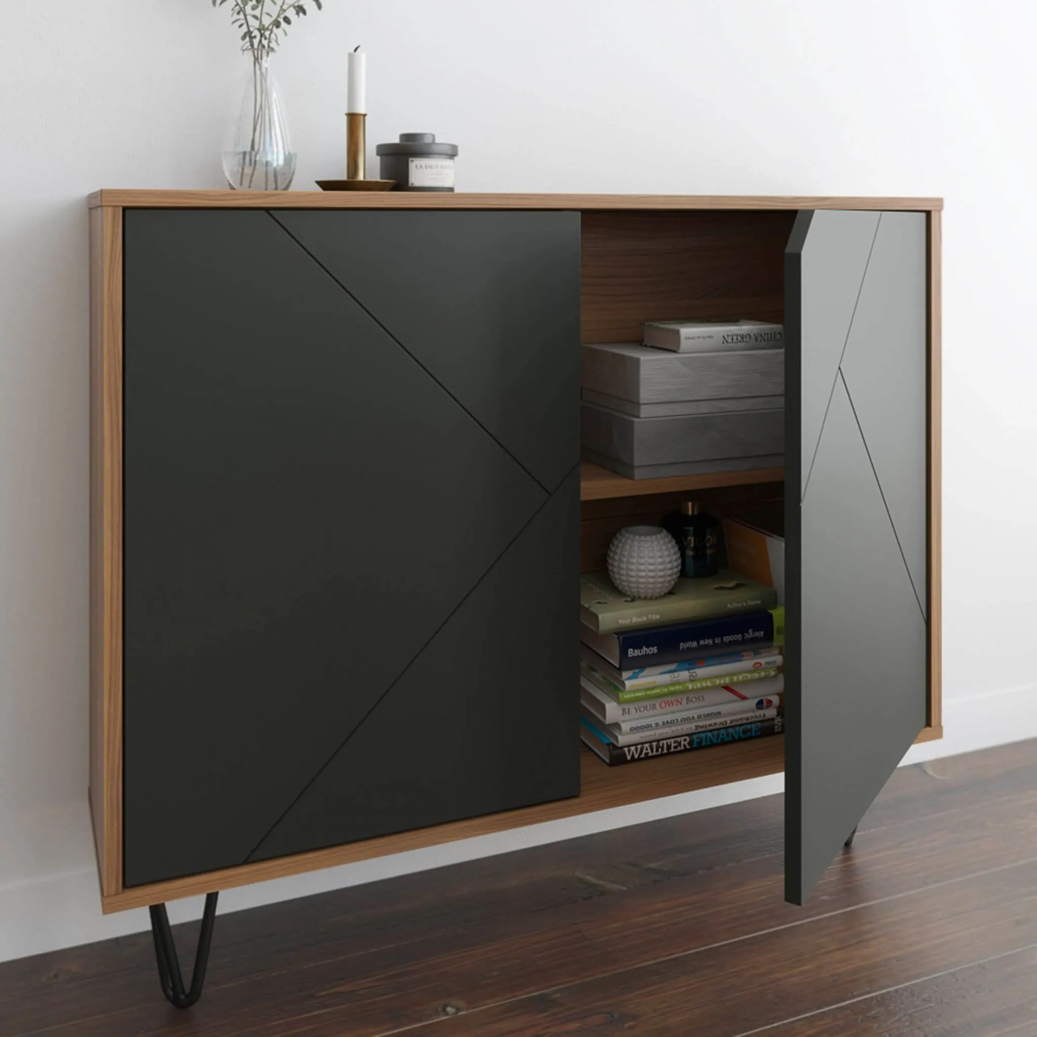 Nexera Console de Rangement 2 Portes Slim - Noyer  Noir