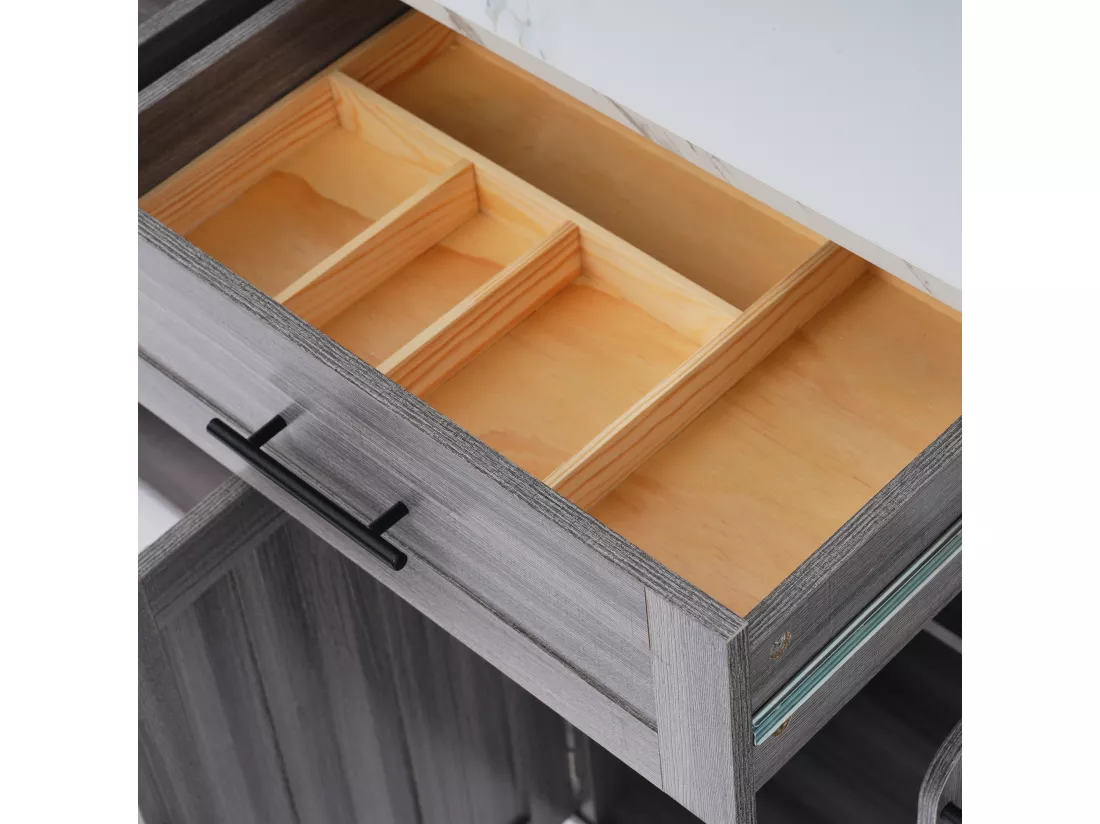 Ilot central de cuisine mobile avec 3 portes et 2 tiroirs - plateau extensible - 129x46/71x91,5 cm - Bois MDF + métal - Gris