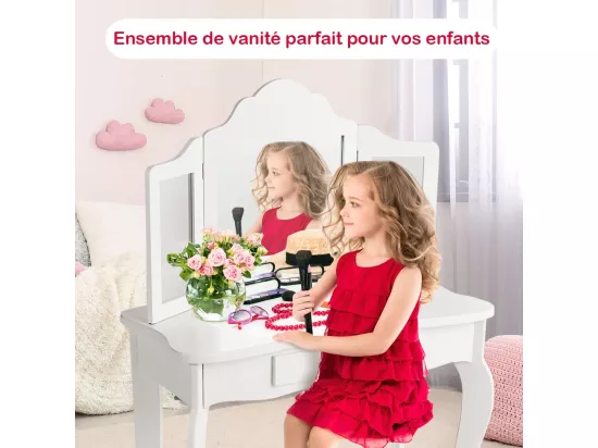 Coiffeuse Enfant Rose avec Tabouret, Table de Maquillage avec Miroir à Trois Panneaux et Tiroir, 70 x 34 x 103 CM, Blanc