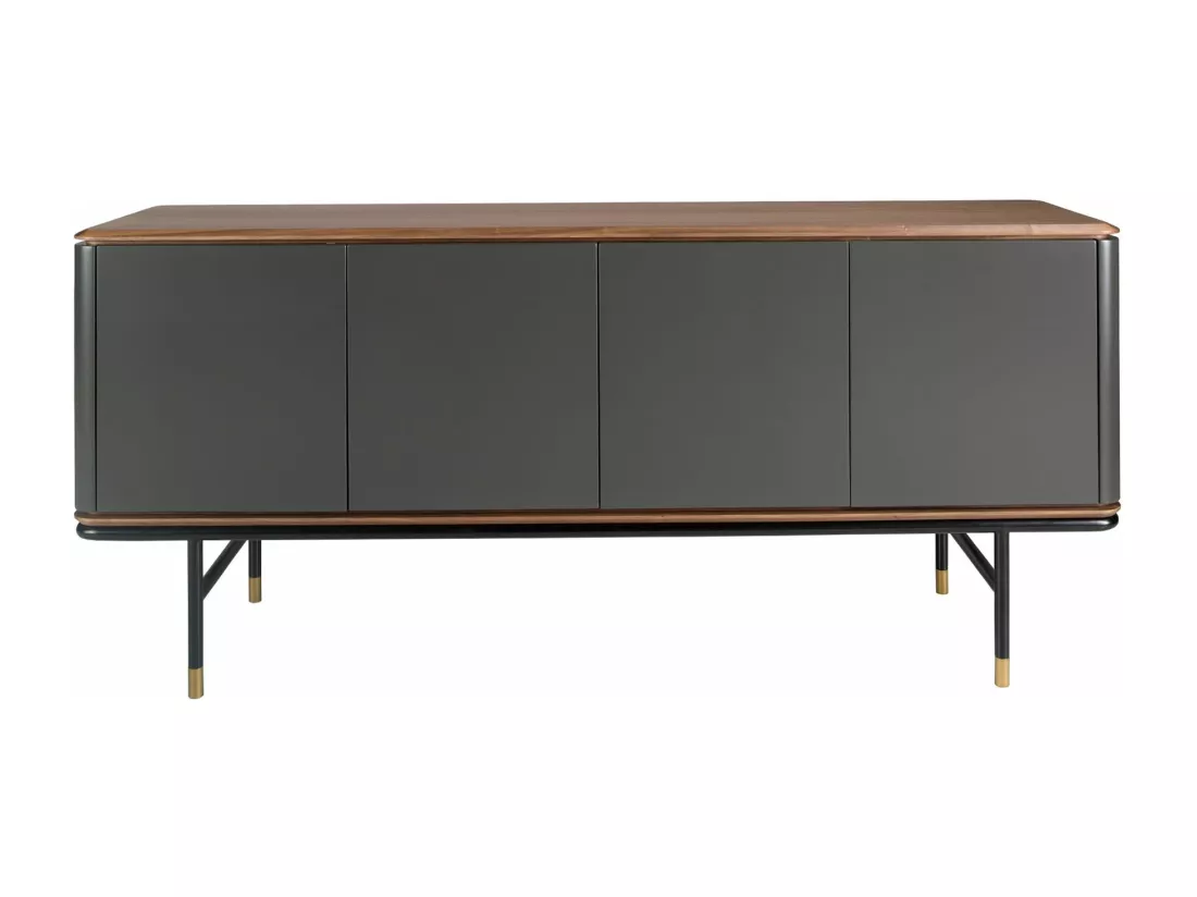 Buffet en bois gris foncé, acier noir et plateau en noyer