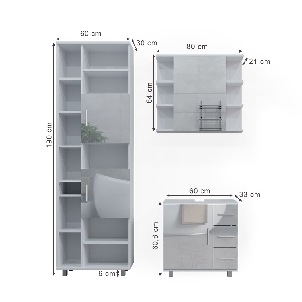 Vicco Badmöbelset Ilias Weiß Hochglanz modern Badezimmer Schrank Badschrank Waschtischunterschrank Spiegelschrank Hochschrank Schranktür Schrankschublade Schrankfach Ablage Aufbewahrung