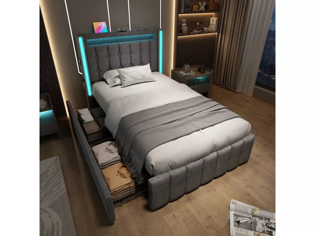 Lit capitonné 90 x 200 cm avec 2 tiroirs - Prises USB, Type C et éclairage LED - Tissu en lin - Gris (sans matelas)