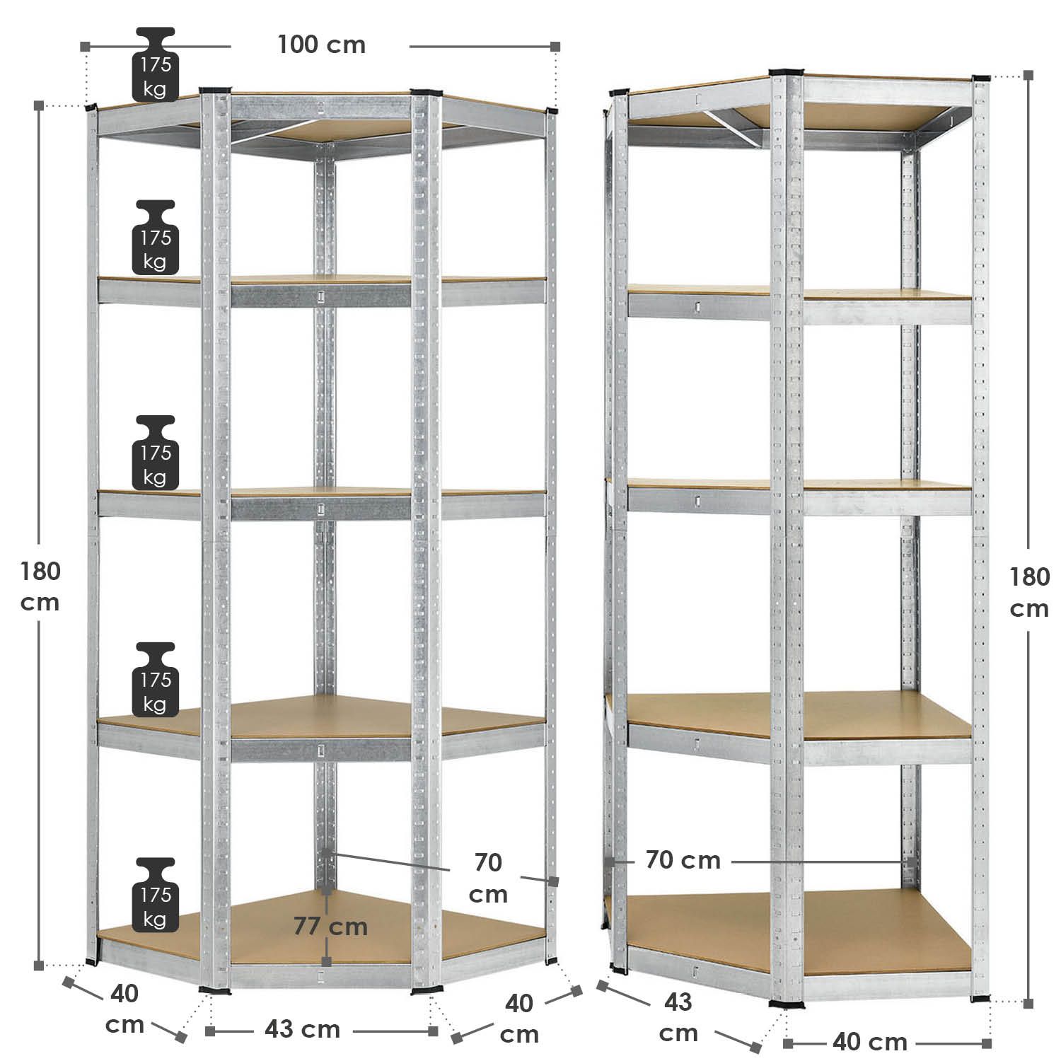 Juskys Lageregal Corner Basic 180 x 70 x 40-70 cm | 875 kg | 5 Böden | Schwerlastregal Metall