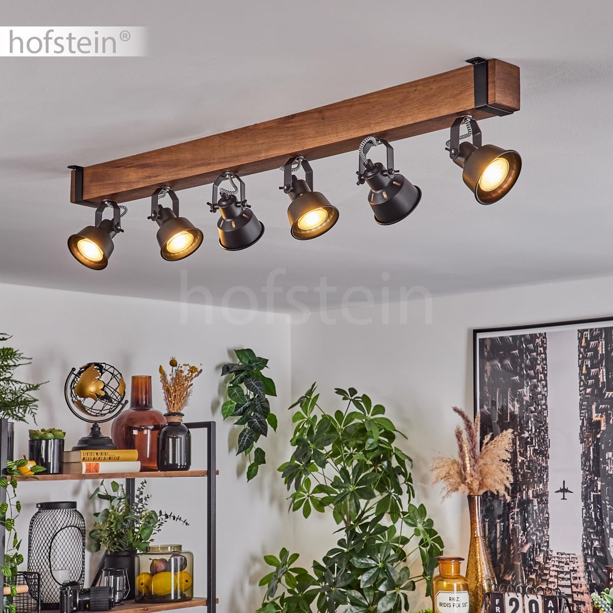 Deckenleuchte Safari, moderne Deckenlampe aus Metall/Holz in Schwarz/Dunkelbraun, Deckenleuchte im Industrial Design mit verstellbaren Schirmen, 6-flammig, 6 x GU10 ohne Leuchtmittel