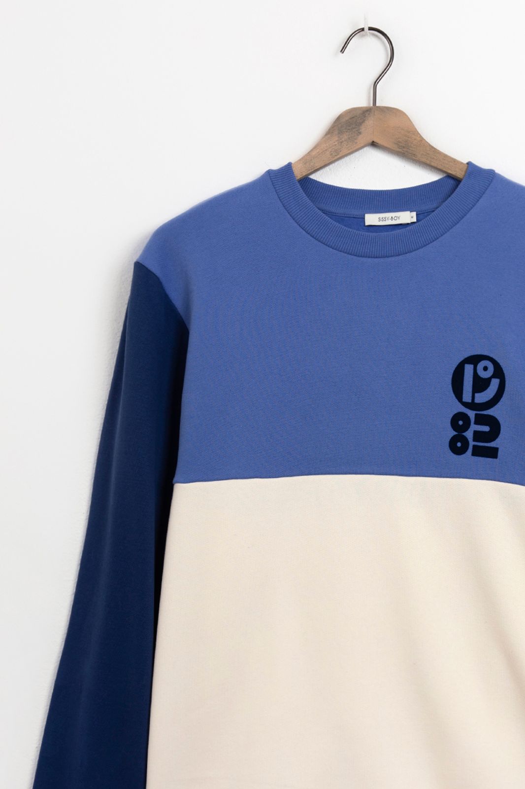 Blauwe colourblock sweater met artwork