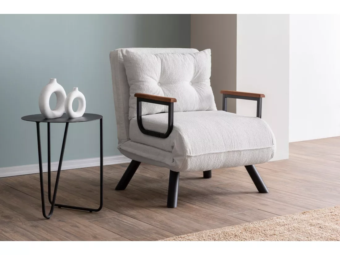 Fauteuil convertible Yolanda Métal Noir et Tissu bouclette Blanc crème