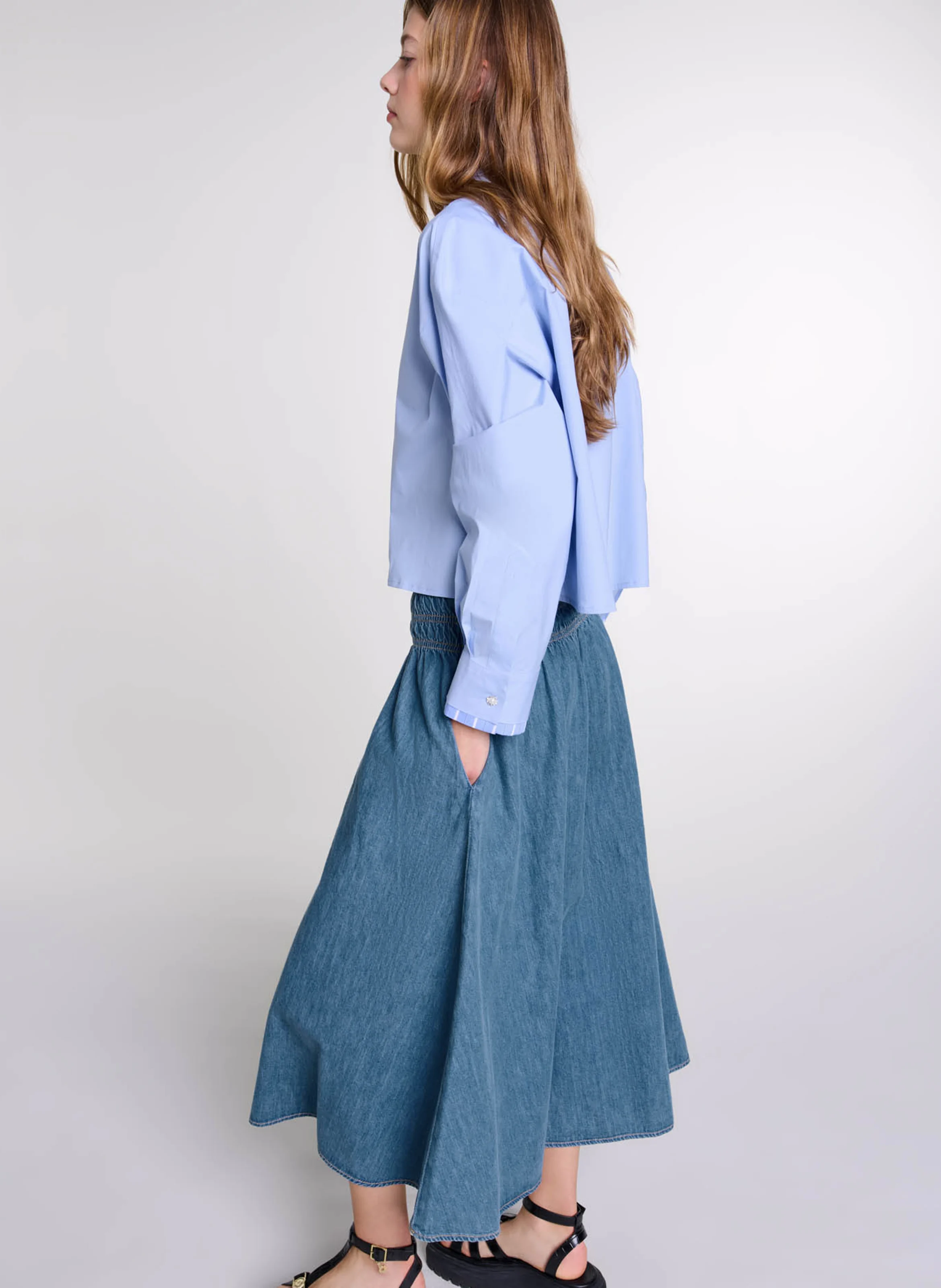 Jupe longue évasée en denim de coton | Bleu