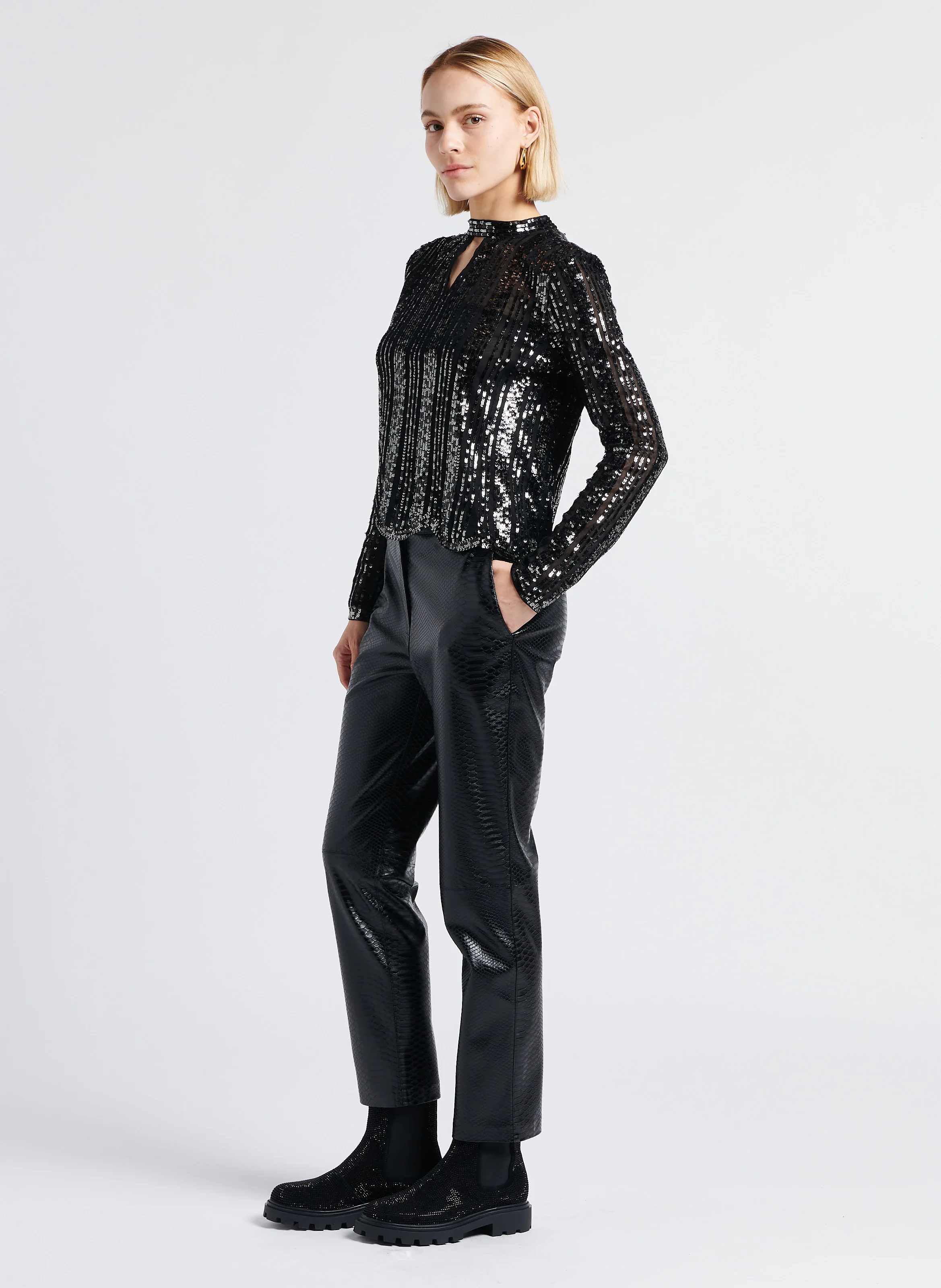 Pantalon droit effet croco | Noir