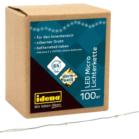 Idena LED Micro Lichterkette mit 100 LED in warm weiß, mit 6 Stunden Timer Funktion, ca. 10,2 m