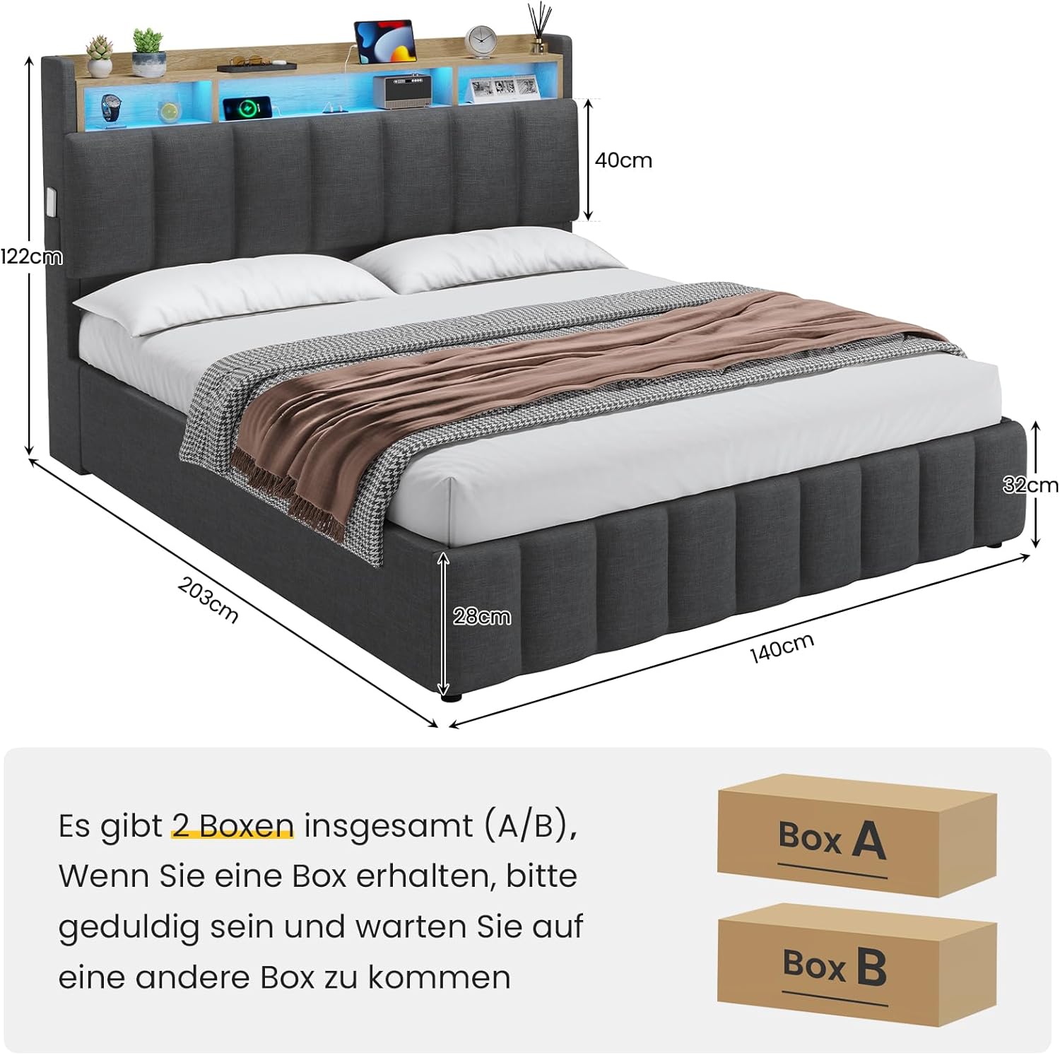 Bett mit LED Beleuchtung, Hydraulisches Bett 140 x 190 cm, Polsterbett, Regalkopfteil mit Stauraum, Bettgestell mit Lattenrost, bequem, für Schlafzimmer, Gästezimmer, Leinenstoff grau