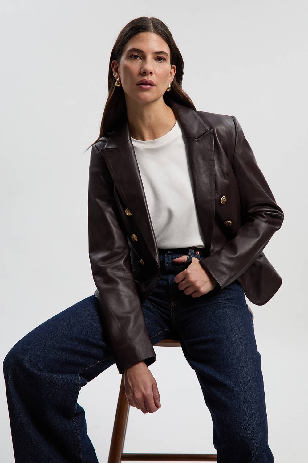 KarenMillen Blazer en Cuir à Boutons Dorés