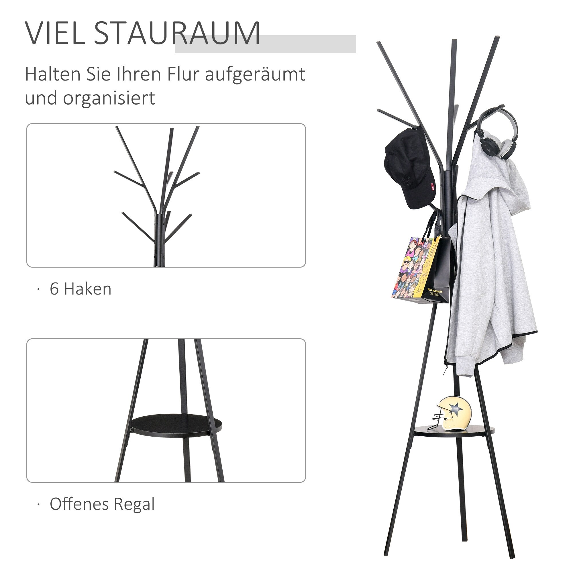 HOMCOM Garderobenständer mit 8 Haken 45 x 45 x 180 cm (LxBxH)