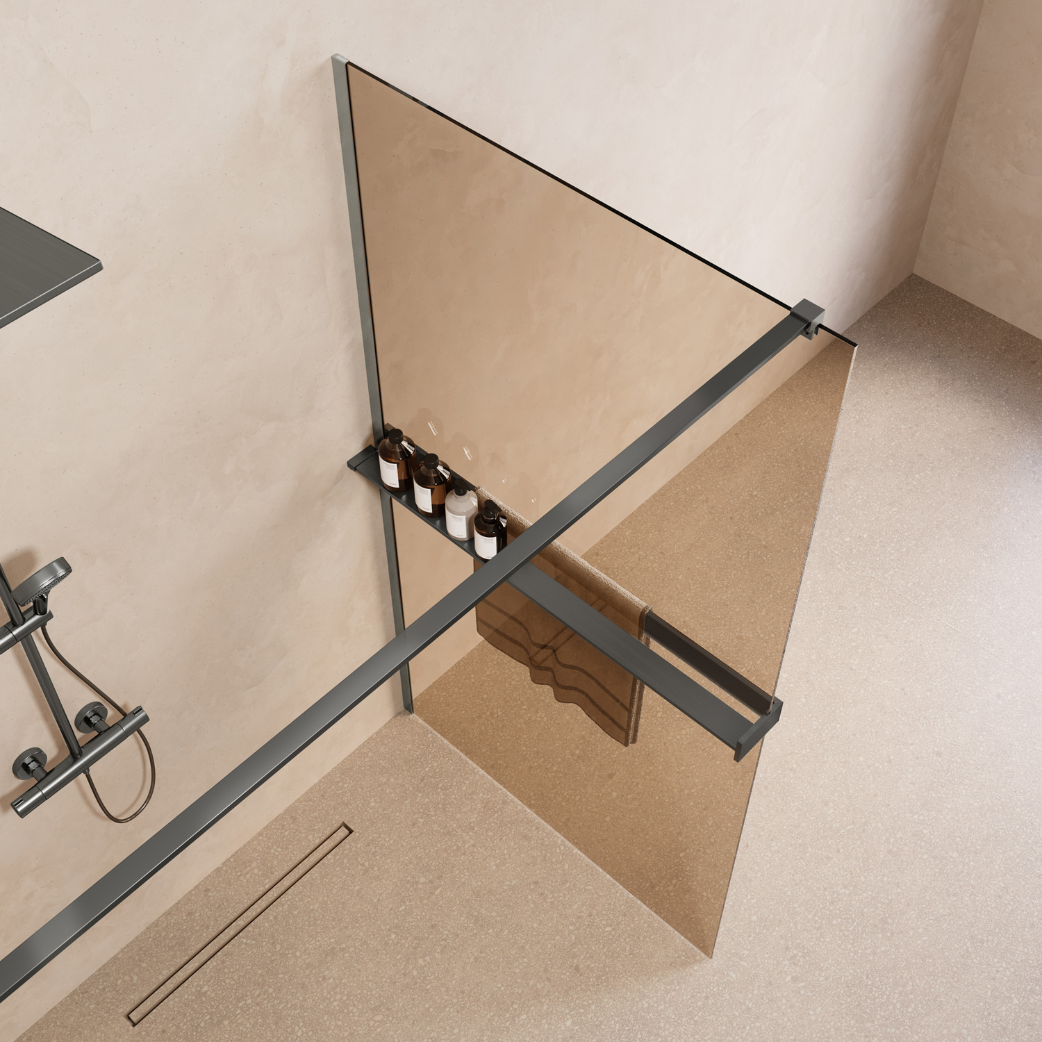 Saniclear Metric inloopdouche 80cm met handdoekhouder en bronsglas verouderd ijzer - gunmetal