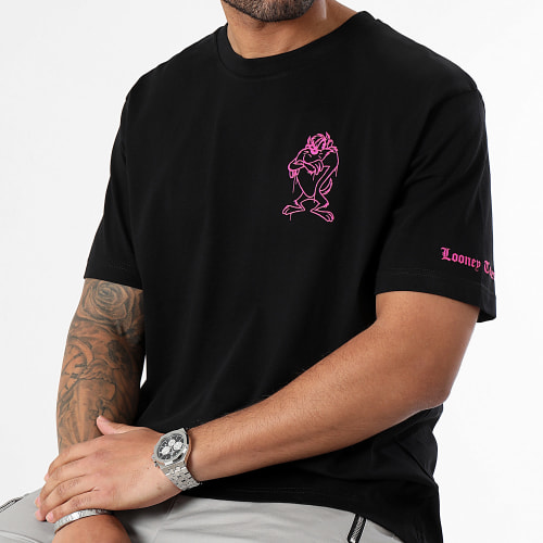 Tee Shirt Oversize Large Sleeve Angry Taz Noir Rose Fluo