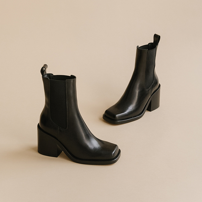 Boots à talons hauts et élastiques  en cuir noir