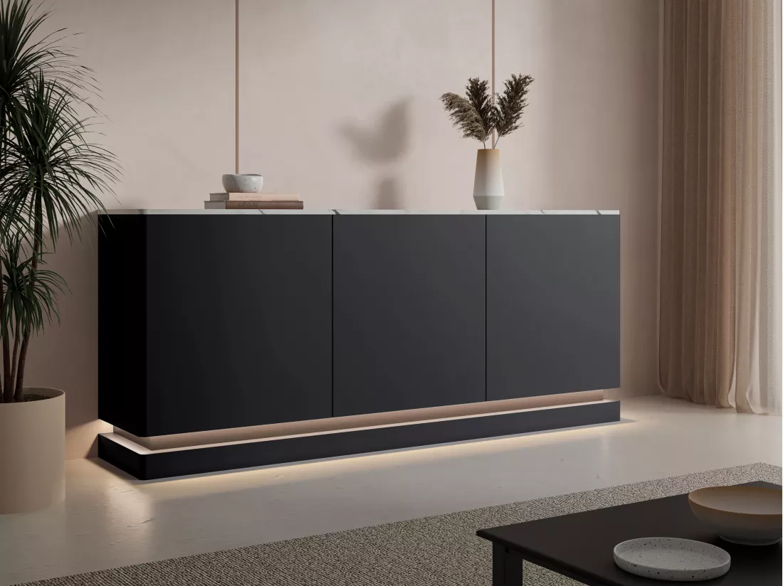 Buffet 3 portes avec LEDs en MDF - Noir et effet marbre blanc - DEVIKA de Pascal MORABITO